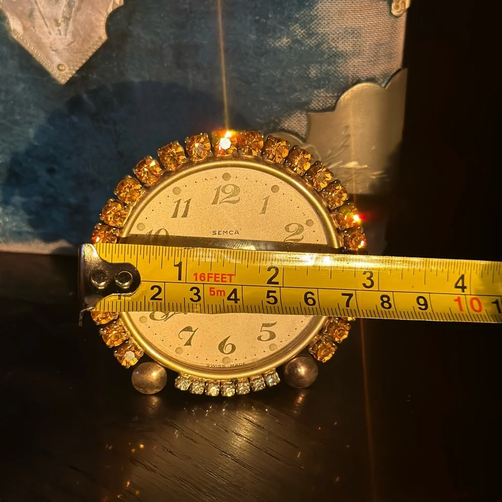 1900's Vintage Semca 7 Jewels Alarm Clock Swiss Yellow Gold Diamond Rhinestones - Picture 5 of 7